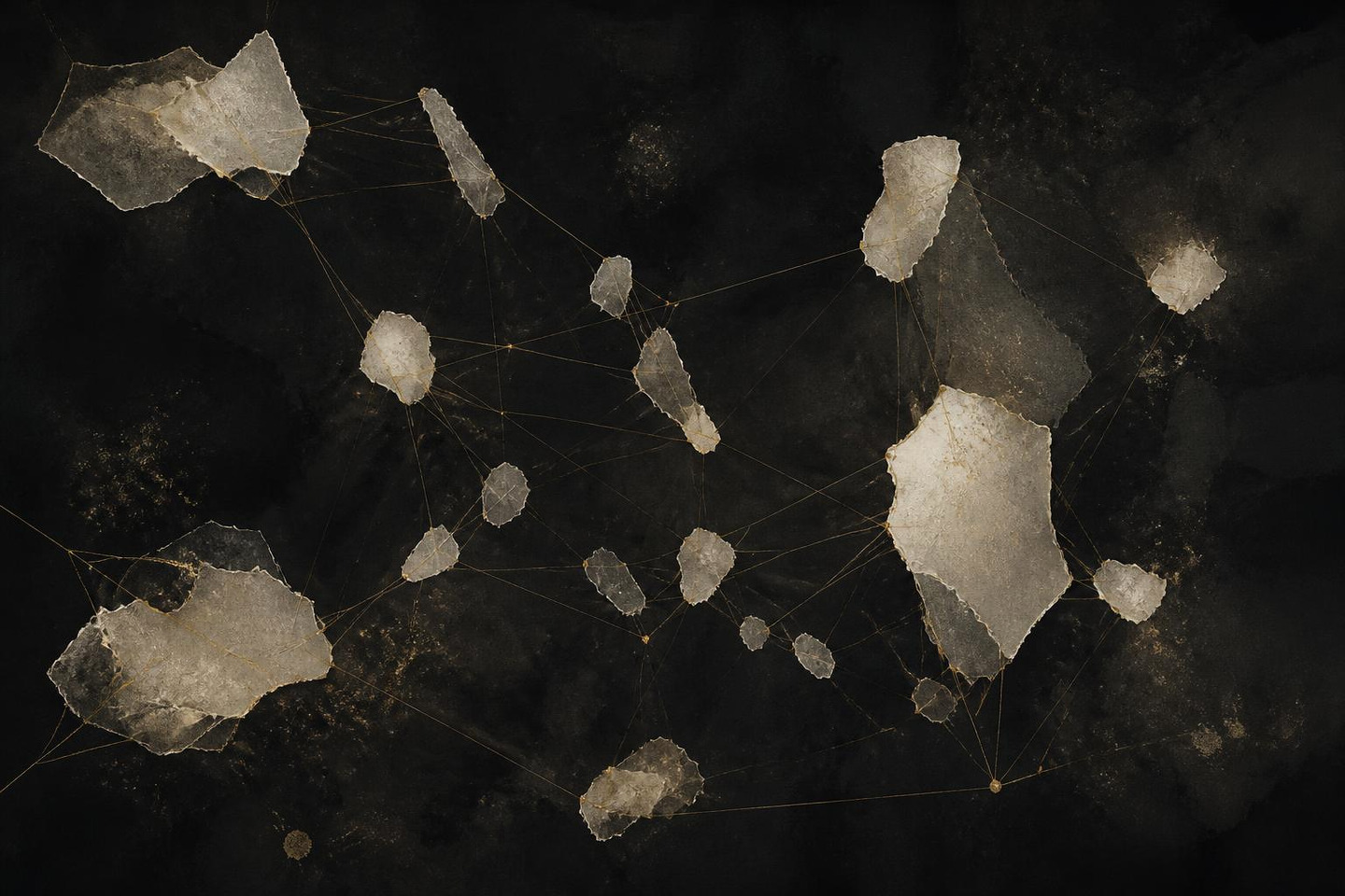 VALÉORINE editorial artwork: ivory fragments linked by fine gold hairlines across a charcoal field
